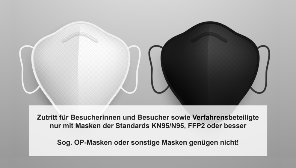 Foto mit FFP2-Masken und Hinweis, dass OP Masken und sonstige Masken für den Zutritt von Besucherinnen und Besuchern nicht genügen